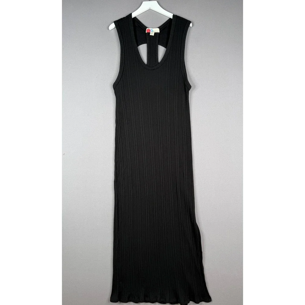 Free People Beach Maxi Dress Womens XL Black Ribbed Cutout Racerback Slit